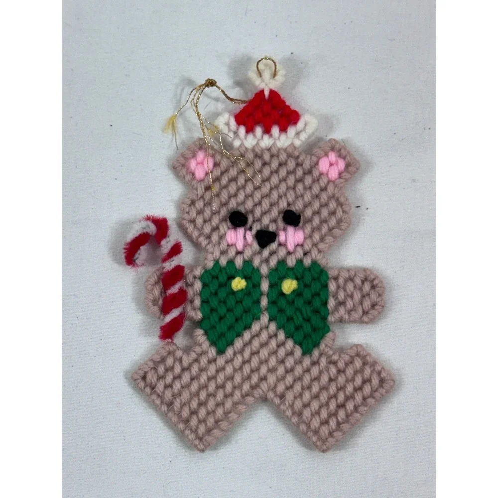 Vintage Handmade Plastic Canvas Christmas Teddy Bear Ornament Santa Candy Cane